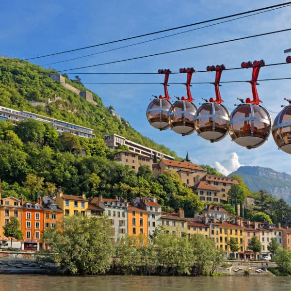 grenoble, france, may 10, 2022 : inaugurated in 1934, la bastille cable car was the first urban cable car, now transformed into "les bulles" (the bubbles)