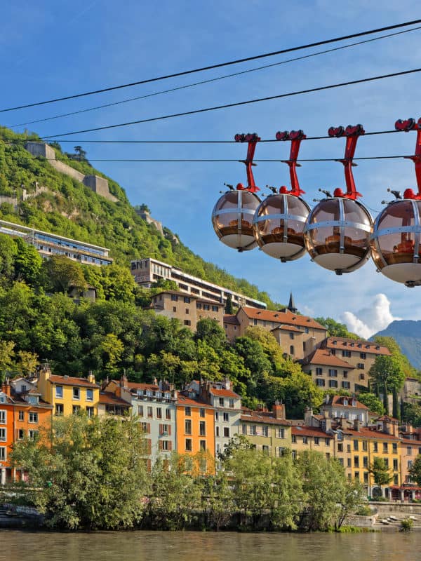 Grenoble, France, May 10, 2022: Inaugurated in 1934, the Bastille Cable Car was the first urban cable car; it has now been transformed into "Les Bulles" (The Bubbles)